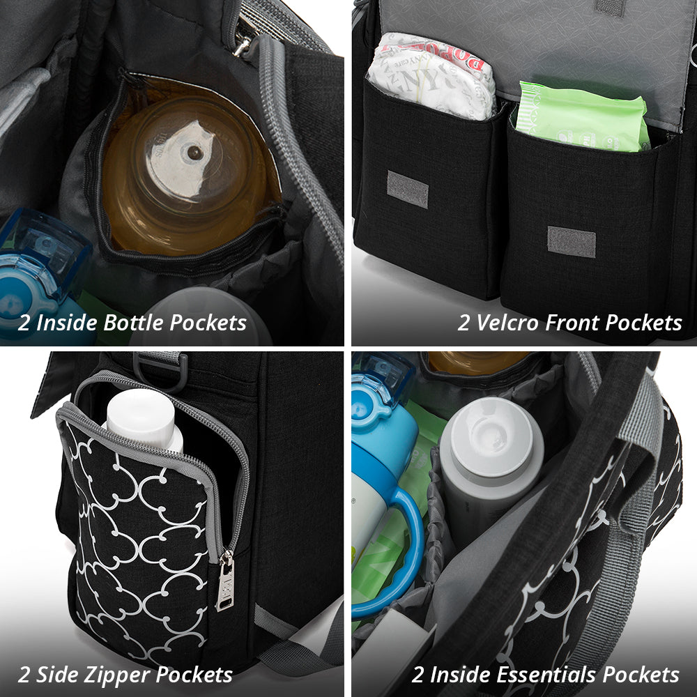 LITTLE STORY convertible Diaper Bag w/Zipper Pouch, Stroller Hooks & Changing mat - Black