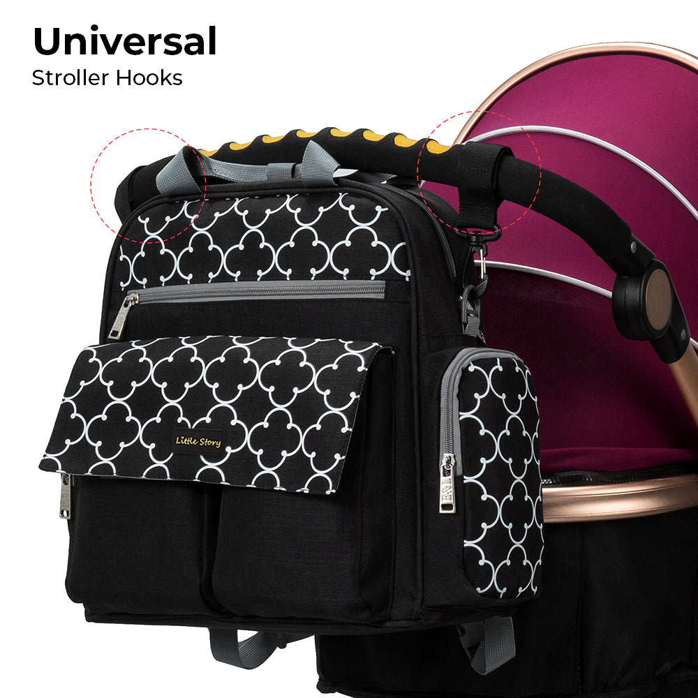 LITTLE STORY convertible Diaper Bag w/Zipper Pouch, Stroller Hooks & Changing mat - Black