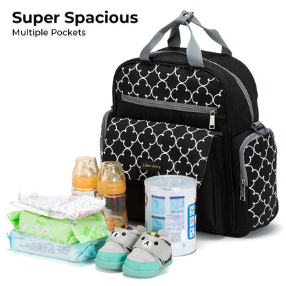 LITTLE STORY convertible Diaper Bag w/Zipper Pouch, Stroller Hooks & Changing mat - Black