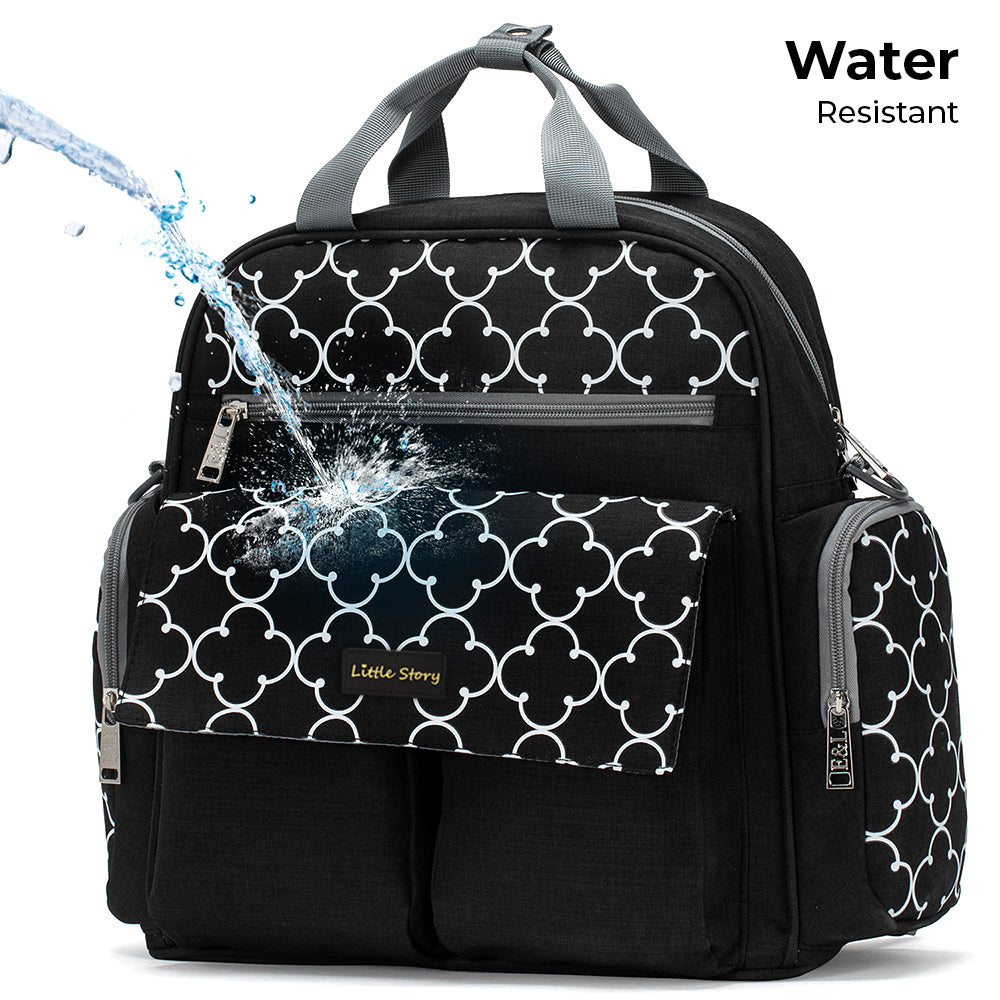 LITTLE STORY convertible Diaper Bag w/Zipper Pouch, Stroller Hooks & Changing mat - Black