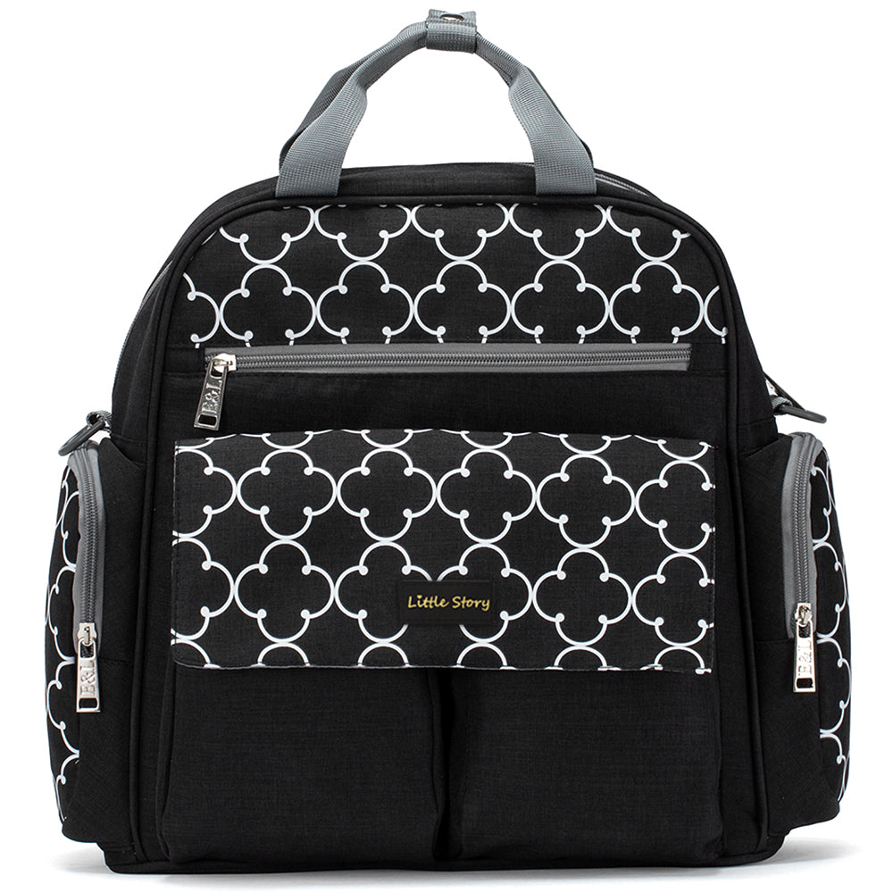 LITTLE STORY convertible Diaper Bag w/Zipper Pouch, Stroller Hooks & Changing mat - Black