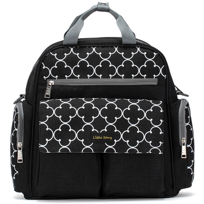 LITTLE STORY convertible Diaper Bag w/Zipper Pouch, Stroller Hooks & Changing mat - Black