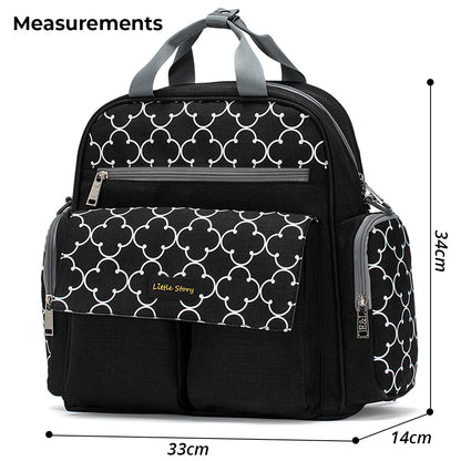 LITTLE STORY convertible Diaper Bag w/Zipper Pouch, Stroller Hooks & Changing mat - Black