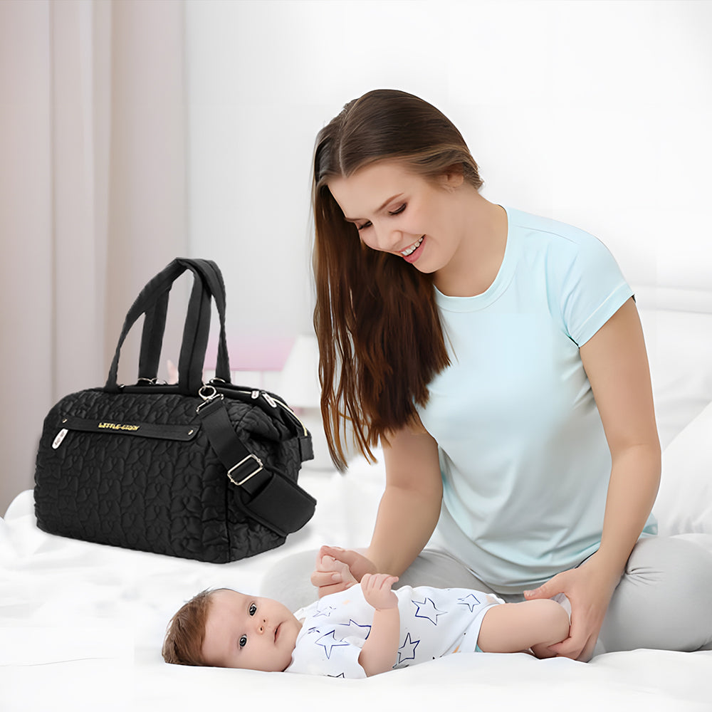 LITTLE STORY Quilted Diaper Bag w/Shoulder Strap - Black