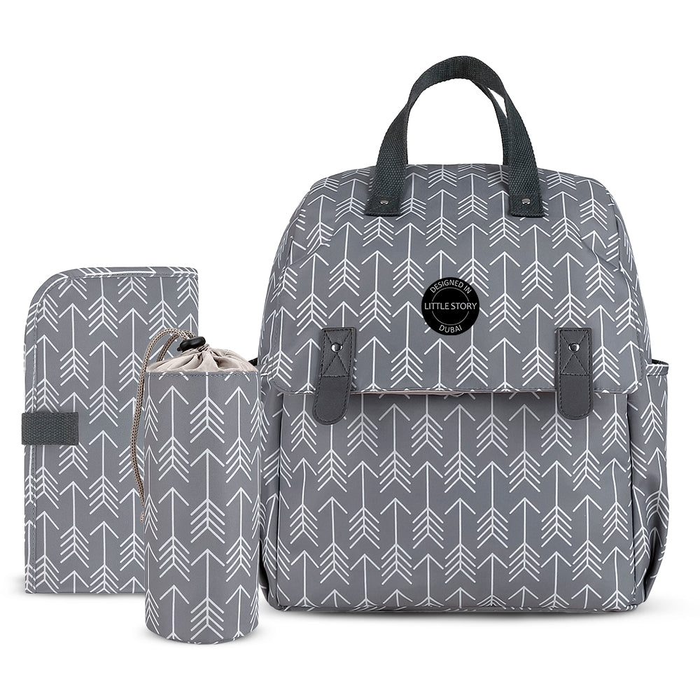 LITTLE STORY set of 3 Diaper Backpack with Changing Mat and Bottle Bag - Arrow Grey