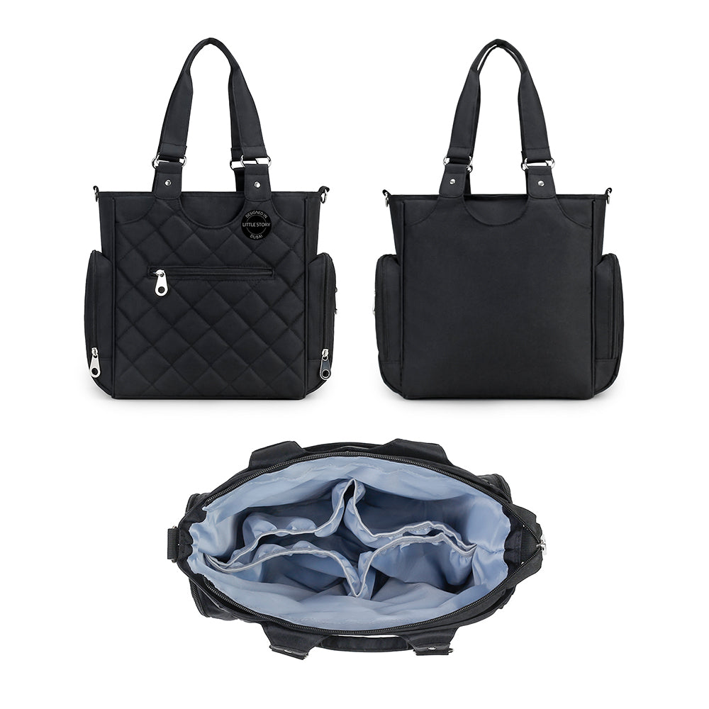 LITTLE STORY Set of 7 - Quilted Diaper Bag with Stroller Straps and Changing Mat - Black