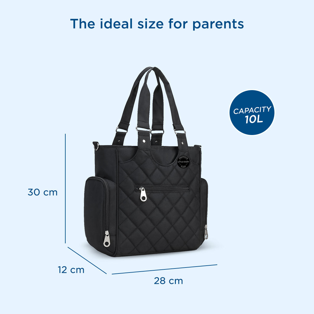 LITTLE STORY Set of 7 - Quilted Diaper Bag with Stroller Straps and Changing Mat - Black