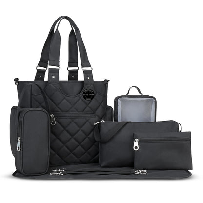 LITTLE STORY Set of 7 - Quilted Diaper Bag with Stroller Straps and Changing Mat - Black