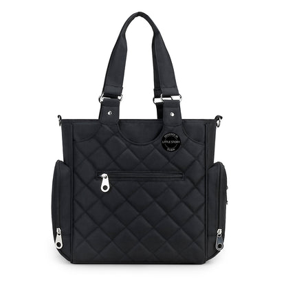 LITTLE STORY Set of 7 - Quilted Diaper Bag with Stroller Straps and Changing Mat - Black