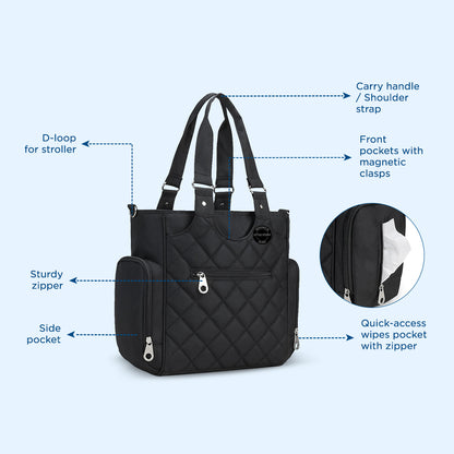 LITTLE STORY Set of 7 - Quilted Diaper Bag with Stroller Straps and Changing Mat - Black