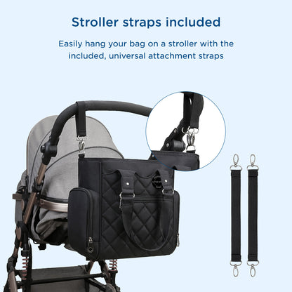 LITTLE STORY Set of 7 - Quilted Diaper Bag with Stroller Straps and Changing Mat - Black