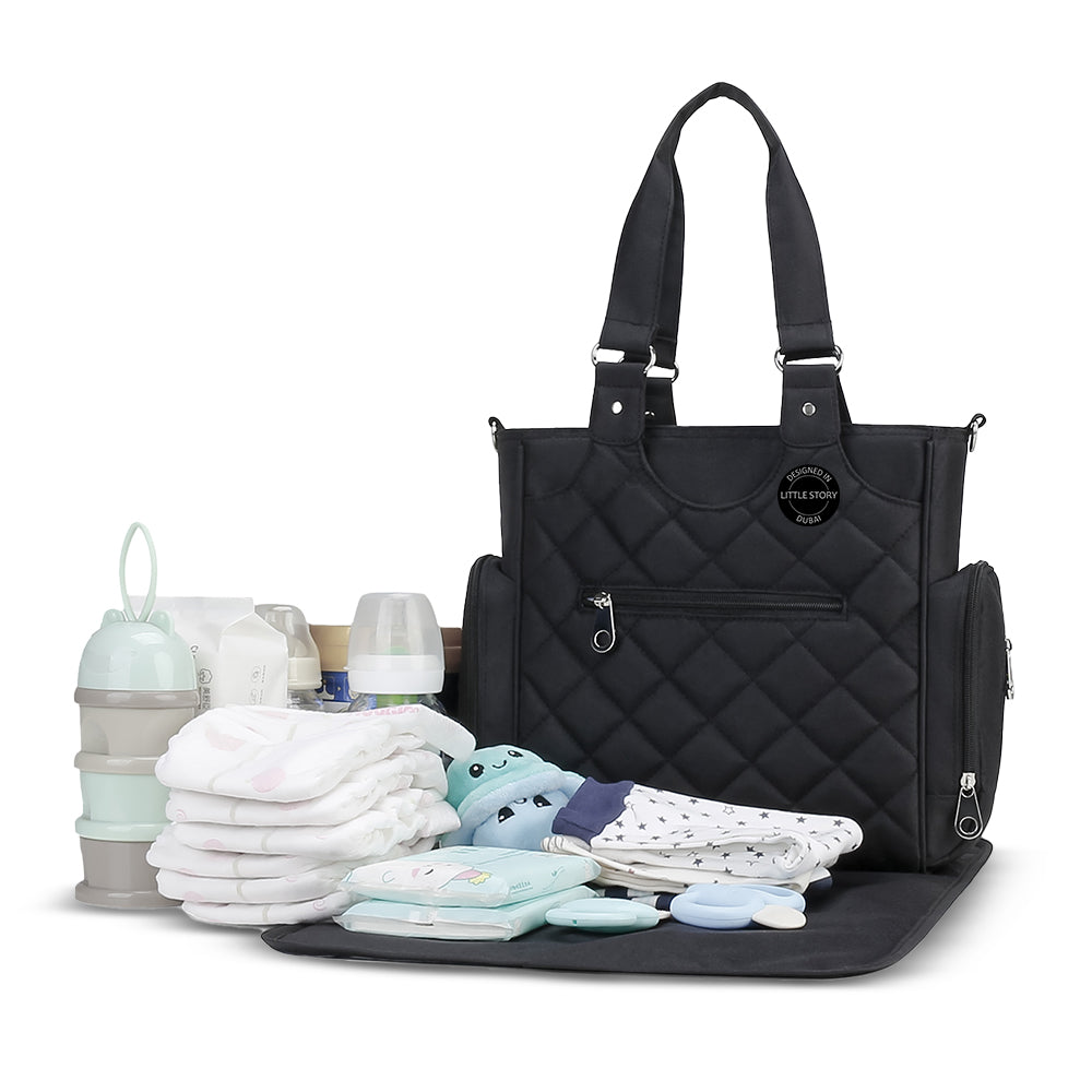 LITTLE STORY Set of 7 - Quilted Diaper Bag with Stroller Straps and Changing Mat - Black