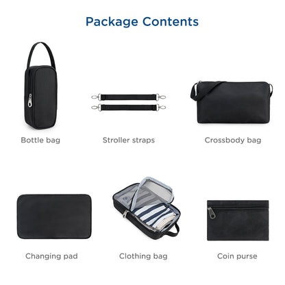 LITTLE STORY Set of 7 - Quilted Diaper Bag with Stroller Straps and Changing Mat - Black
