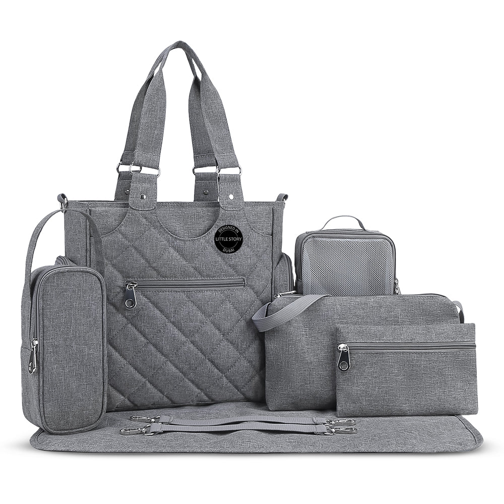 LITTLE STORY Set of 7 - Quilted Diaper Bag with Stroller Straps and Changing Mat - Grey