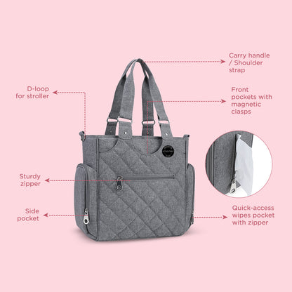 LITTLE STORY Set of 7 - Quilted Diaper Bag with Stroller Straps and Changing Mat - Grey