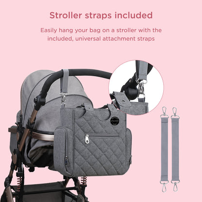 LITTLE STORY Set of 7 - Quilted Diaper Bag with Stroller Straps and Changing Mat - Grey