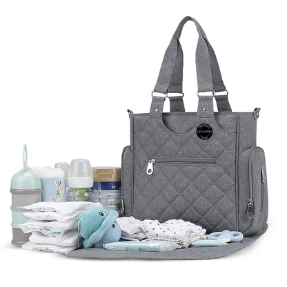 LITTLE STORY Set of 7 - Quilted Diaper Bag with Stroller Straps and Changing Mat - Grey