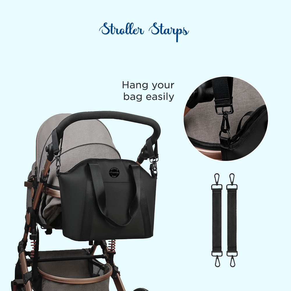 LITTLE STORY Onyx Diaper Bag with Stroller Straps - Black