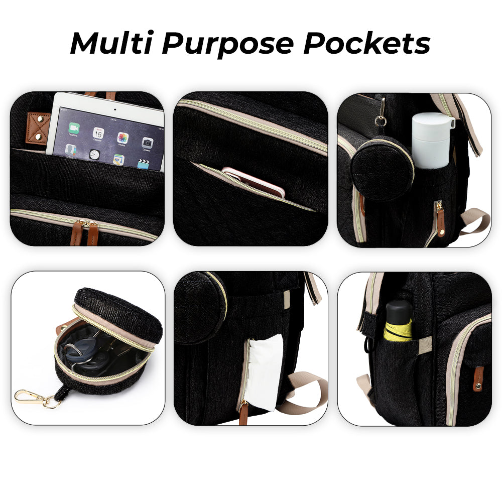 LITTLE STORY - Diaper Bag wt portable bassinet bed & pacifier pouch - Black