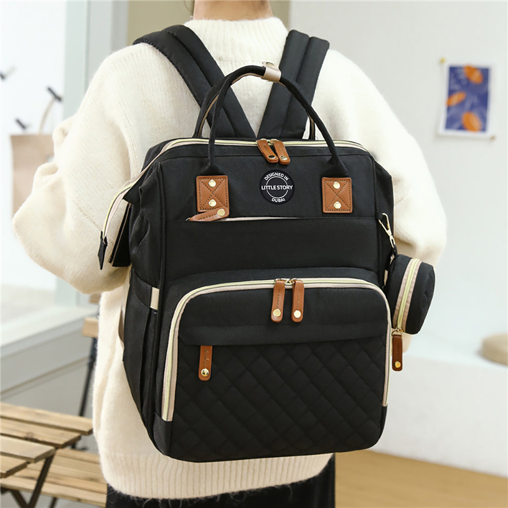 LITTLE STORY - Diaper Bag wt portable bassinet bed & pacifier pouch - Black