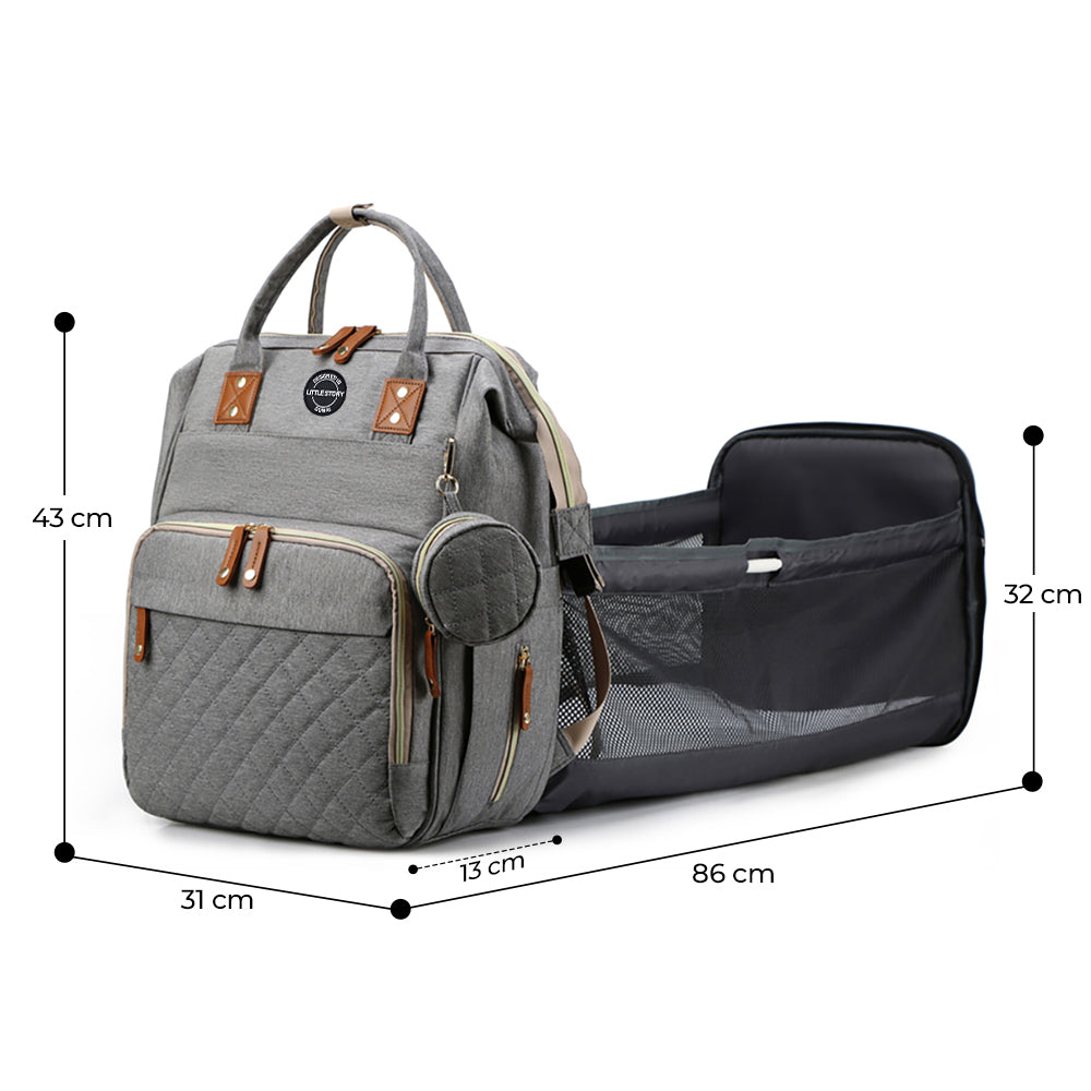 LITTLE STORY - Diaper Bag wt portable bassinet bed & pacifier pouch - Grey