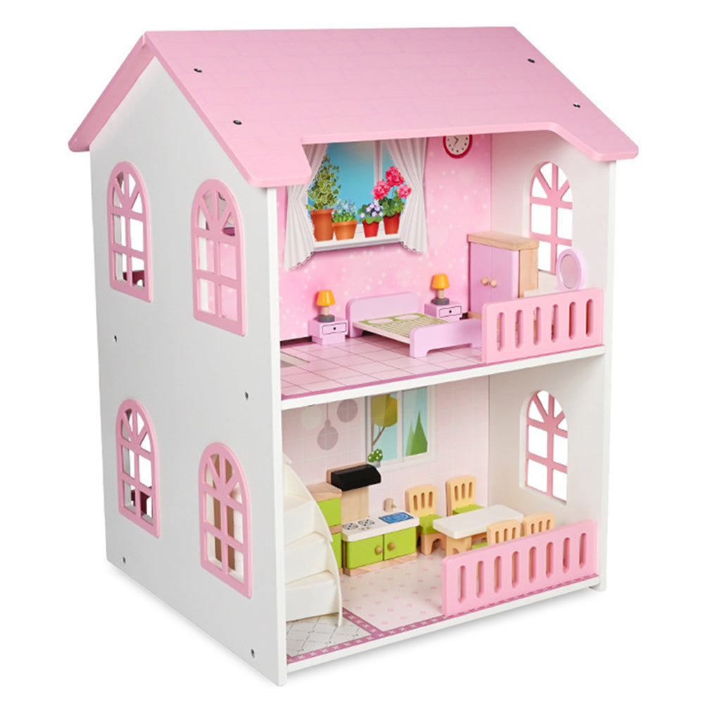 LITTLE STORY Wooden Dollhouse 2 floor Villa with Furniture & Accessories - Pink