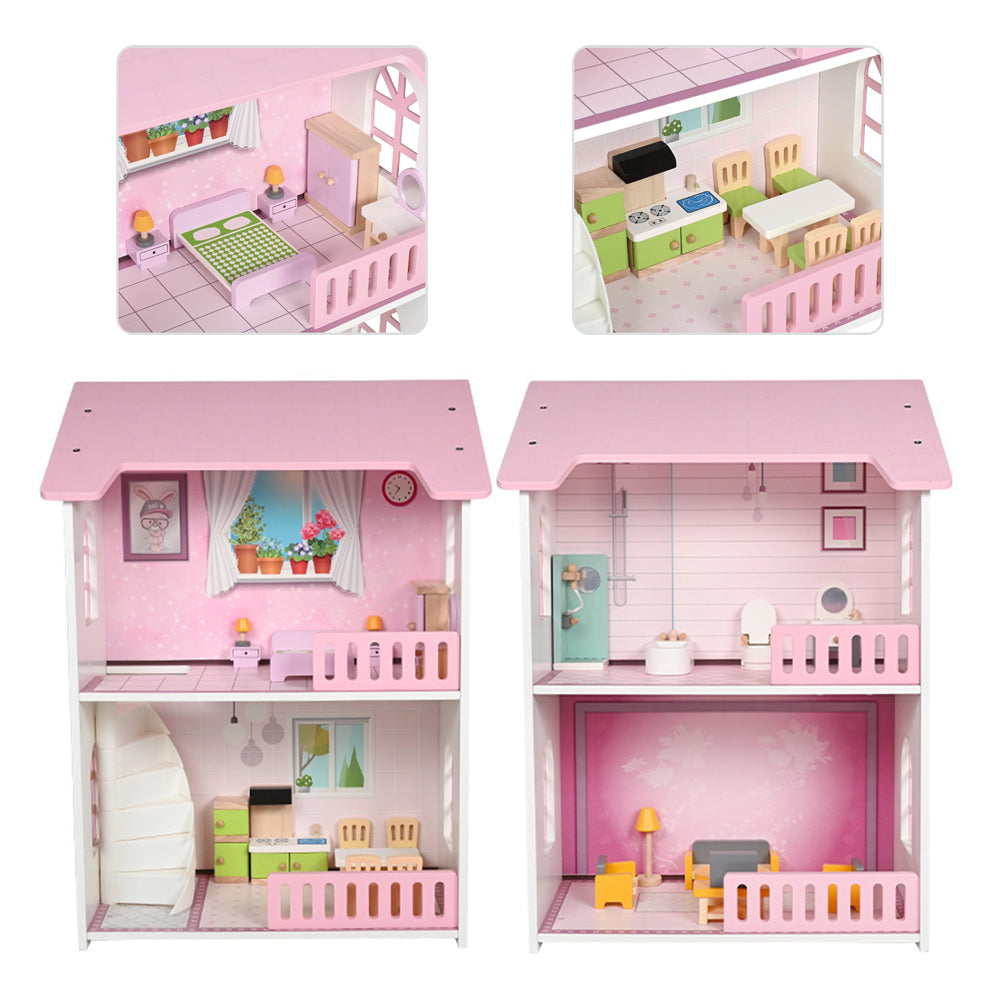 LITTLE STORY Wooden Dollhouse 2 floor Villa with Furniture & Accessories - Pink