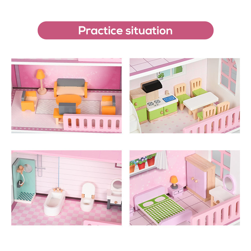 LITTLE STORY Wooden Dollhouse 2 floor Villa with Furniture & Accessories - Pink
