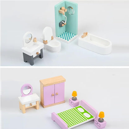 LITTLE STORY Wooden Dollhouse 2 floor Villa with Furniture & Accessories - Pink