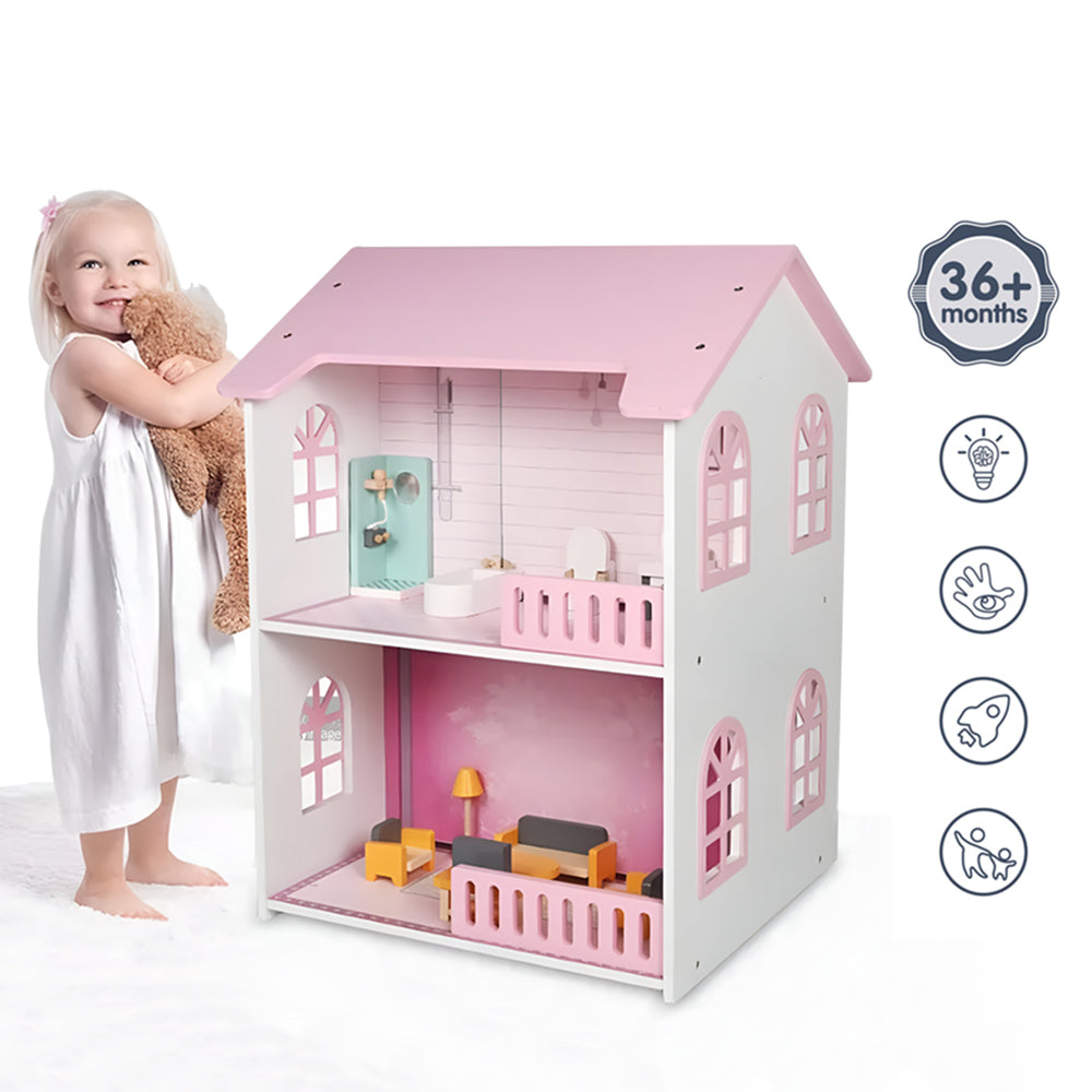 LITTLE STORY Wooden Dollhouse 2 floor Villa with Furniture & Accessories - Pink