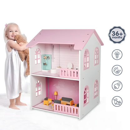 LITTLE STORY Wooden Dollhouse 2 floor Villa with Furniture & Accessories - Pink