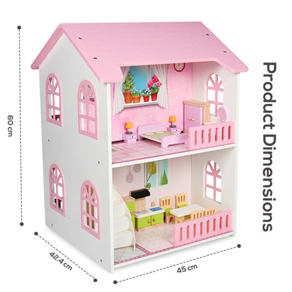 LITTLE STORY Wooden Dollhouse 2 floor Villa with Furniture & Accessories - Pink