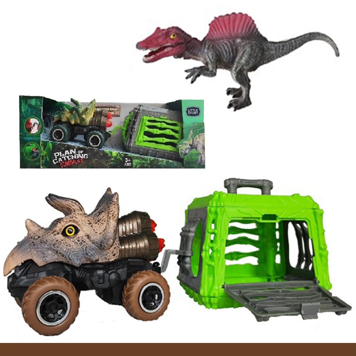 LITTLE STORY - Kids Toy Pull Back Dinosaur wt Cage - Brown