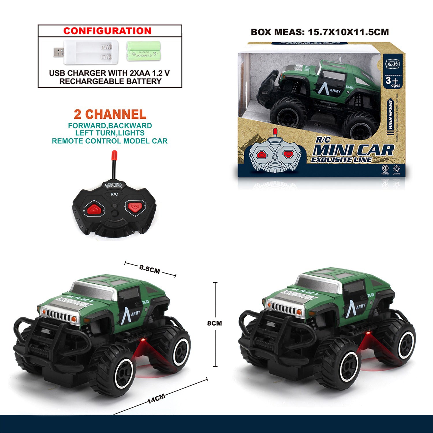 LITTLE STORY - Kids Toy 2 Channel Military Car wt Remote Control - Green