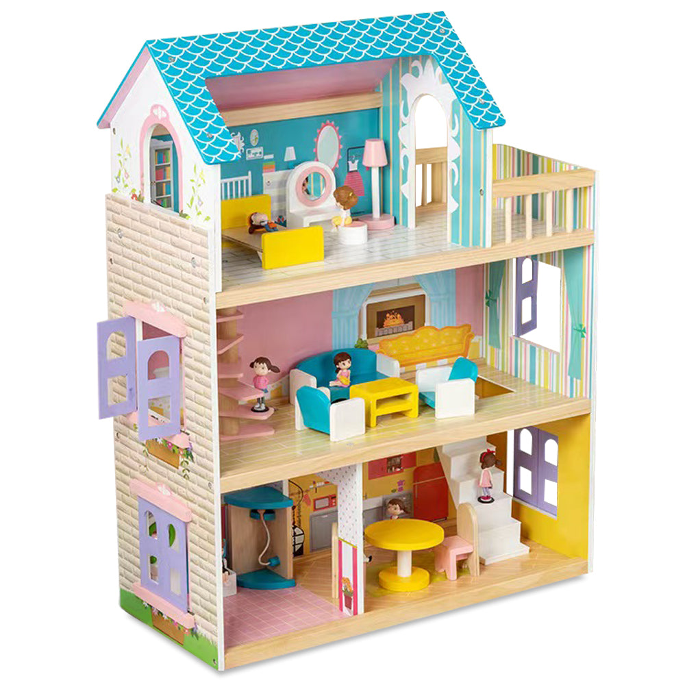 LITTLE STORY Wooden Dollhouse 3 floors w/ Furniture, Accessories & Dolls - Multicolor