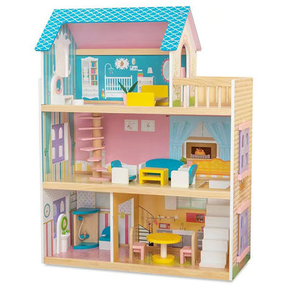 LITTLE STORY Wooden Dollhouse 3 floors w/ Furniture, Accessories & Dolls - Multicolor
