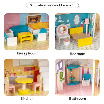 LITTLE STORY Wooden Dollhouse 3 floors w/ Furniture, Accessories & Dolls - Multicolor