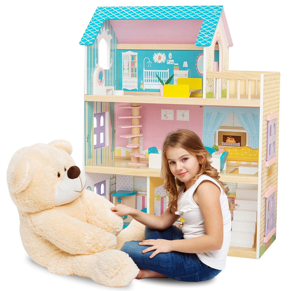 LITTLE STORY Wooden Dollhouse 3 floors w/ Furniture, Accessories & Dolls - Multicolor