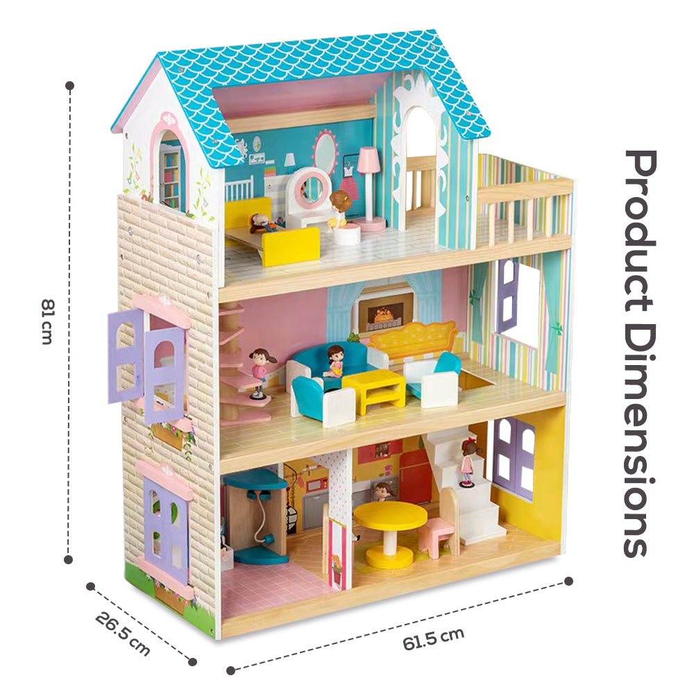 LITTLE STORY Wooden Dollhouse 3 floors w/ Furniture, Accessories & Dolls - Multicolor