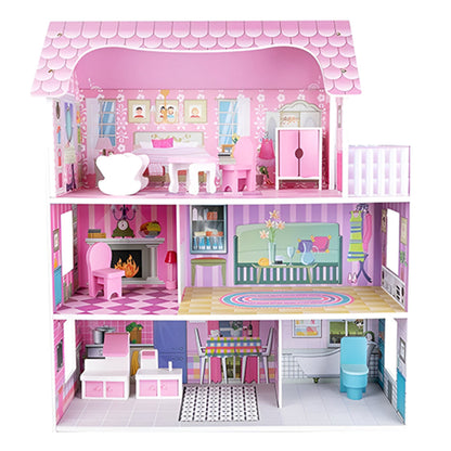 LITTLE STORY Wooden Dollhouse Triple Floor Castle Villa w/ Furniture and Accessories - Pink