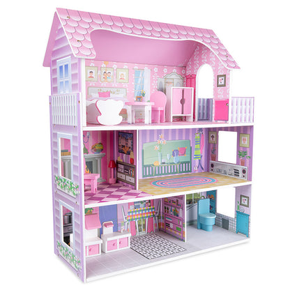 LITTLE STORY Wooden Dollhouse Triple Floor Castle Villa w/ Furniture and Accessories - Pink
