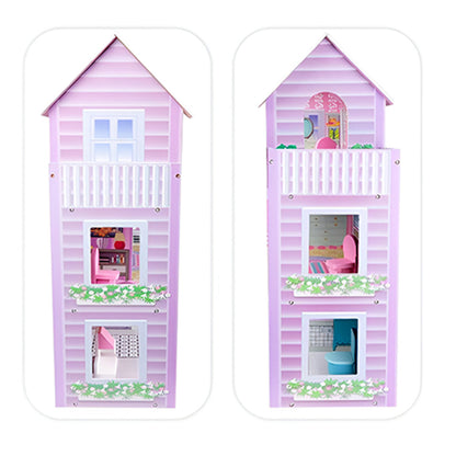 LITTLE STORY Wooden Dollhouse Triple Floor Castle Villa w/ Furniture and Accessories - Pink