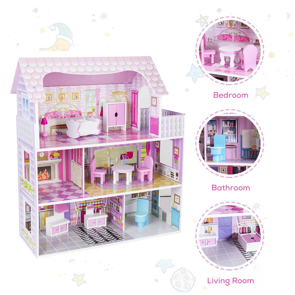 LITTLE STORY Wooden Dollhouse Triple Floor Castle Villa w/ Furniture and Accessories - Pink