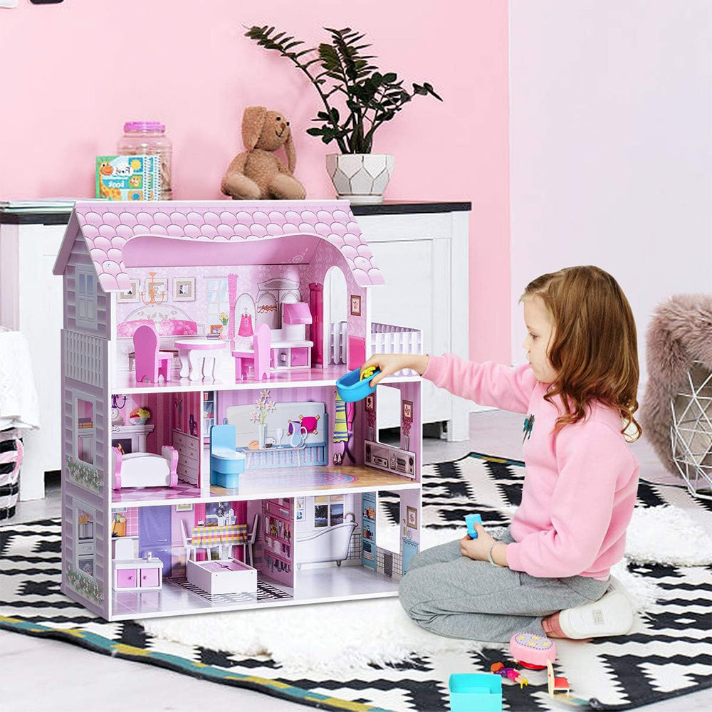LITTLE STORY Wooden Dollhouse Triple Floor Castle Villa w/ Furniture and Accessories - Pink