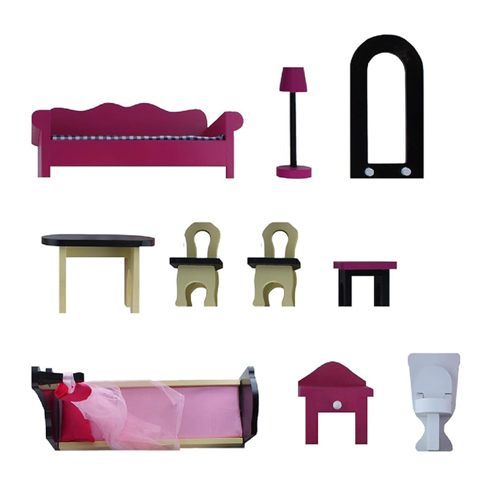 LITTLE STORY Wooden Dollhouse Triple Floor Extra large w/ Escalator, Furniture and Accessories - Pink