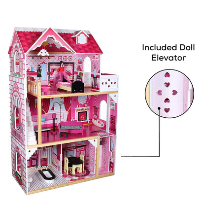 LITTLE STORY Wooden Dollhouse Triple Floor Extra large w/ Escalator, Furniture and Accessories - Pink