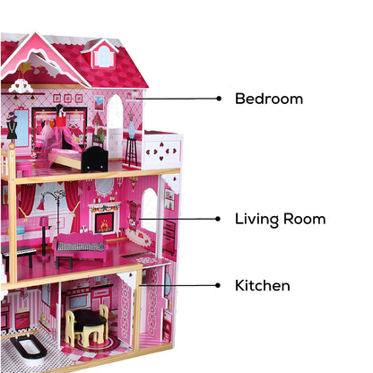 LITTLE STORY Wooden Dollhouse Triple Floor Extra large w/ Escalator, Furniture and Accessories - Pink