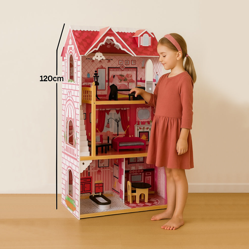LITTLE STORY Wooden Dollhouse Triple Floor Extra large w/ Escalator, Furniture and Accessories - Pink