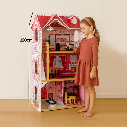 LITTLE STORY Wooden Dollhouse Triple Floor Extra large w/ Escalator, Furniture and Accessories - Pink