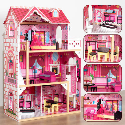 LITTLE STORY Wooden Dollhouse Triple Floor Extra large w/ Escalator, Furniture and Accessories - Pink